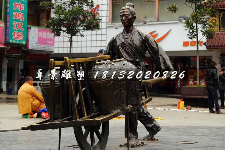 獨(dú)輪車銅雕，街頭古代人物雕塑