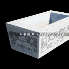 雙龍戲珠石浮雕水缸，方形水缸石雕