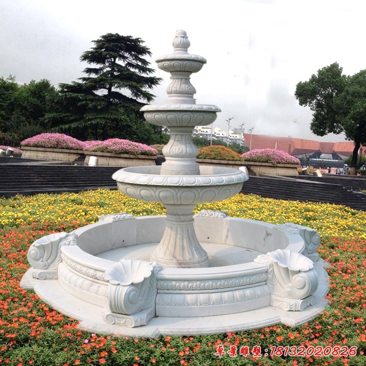 漢白玉三層噴泉石雕，公園歐式噴泉石雕[1]